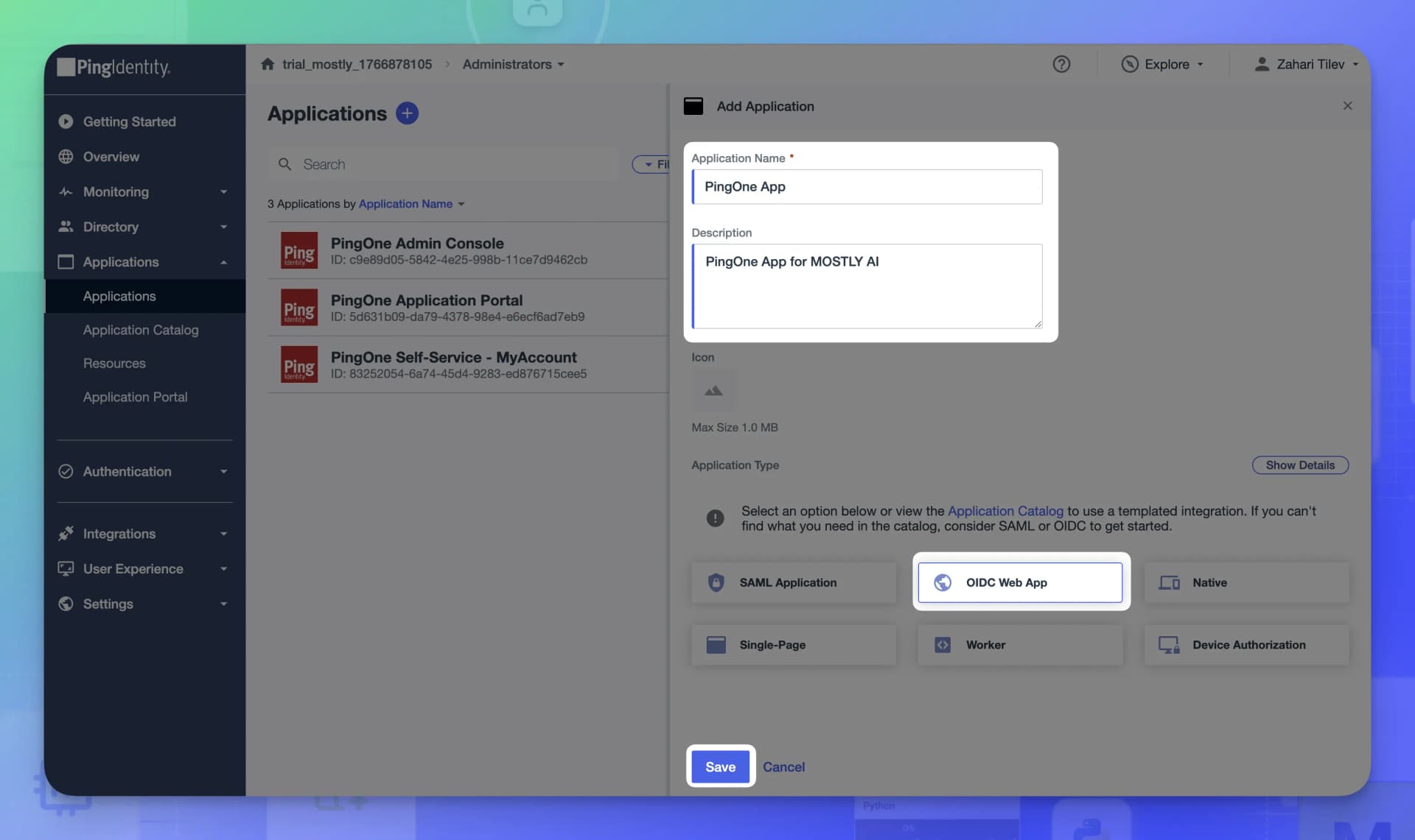 Create a PingOne application - Click Plus button