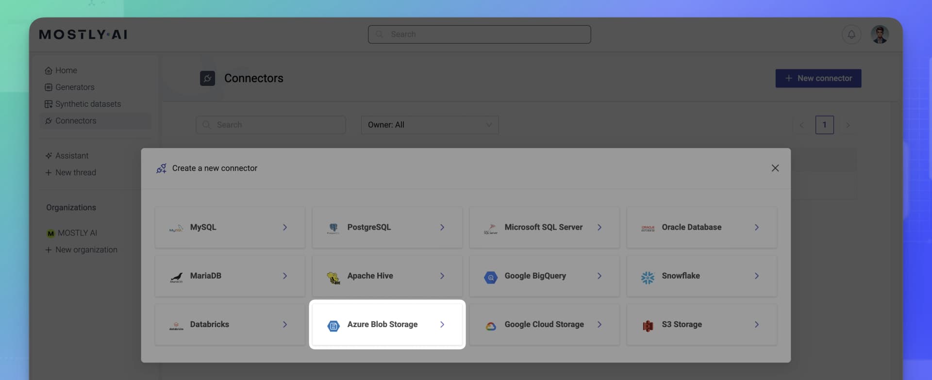 Select Azure storage connector
