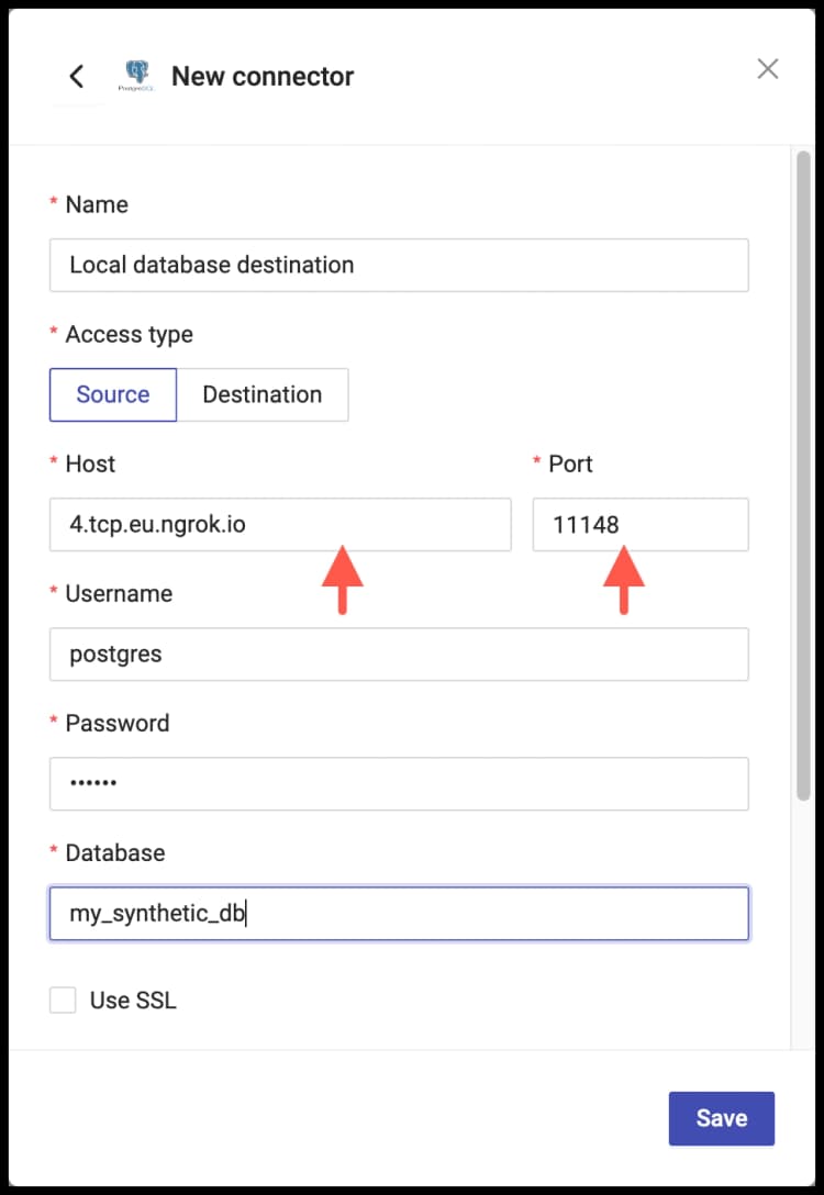 Local database as a data destination - Destination connector configuration