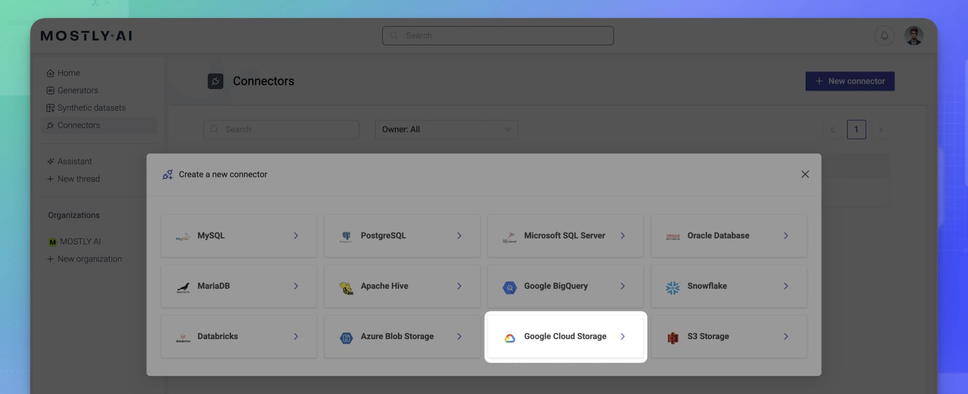 Select Google Cloud storage connector