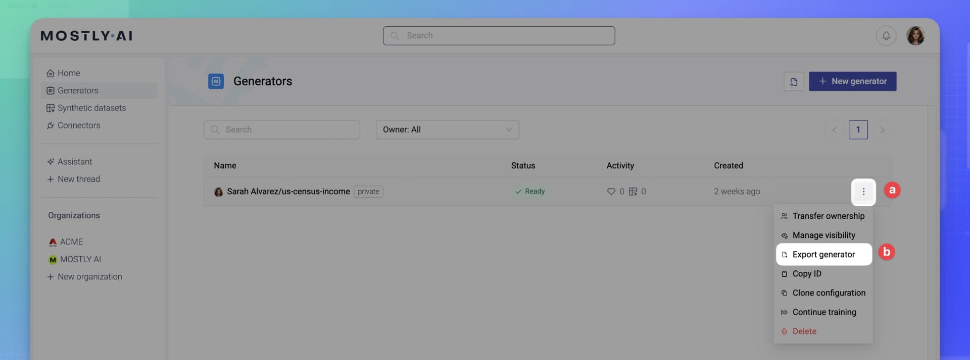 MOSTLY AI - Export a generator - 01 - From Generators page, kebab menu, Export to file