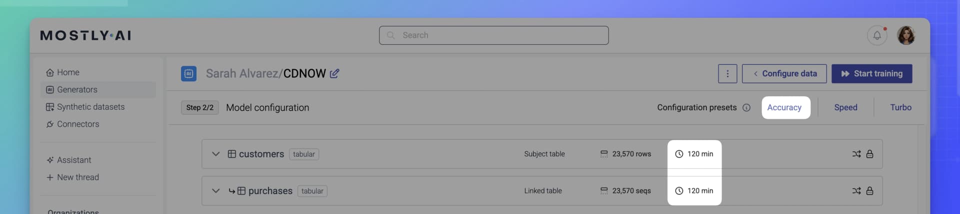 MOSTLY AI - Generator configuration - Select Accuracy configuration preset