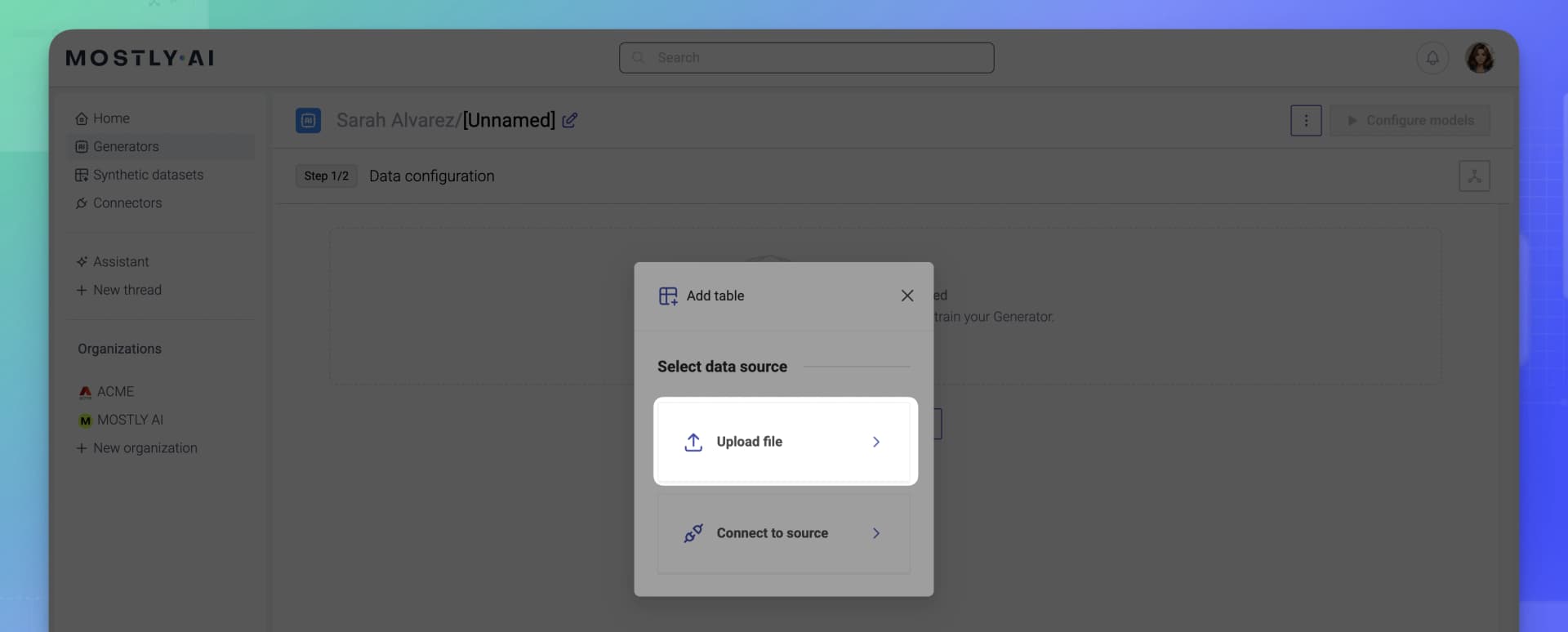 MOSTLY AI - Generators page - Click Upload file