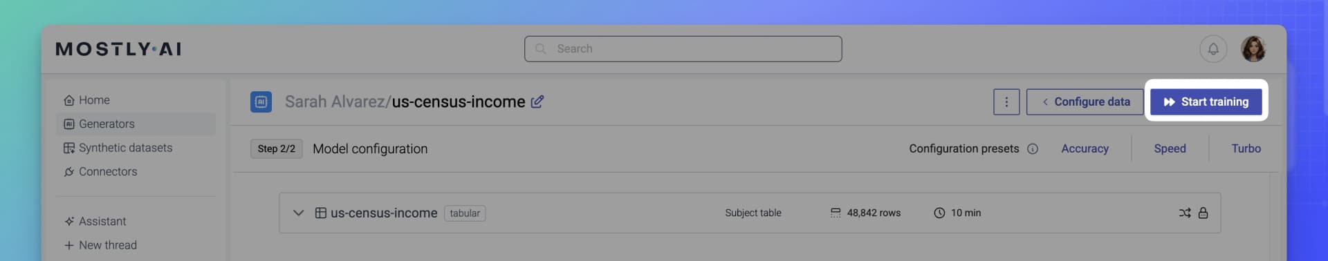 MOSTLY AI - Model configuration - click Start training