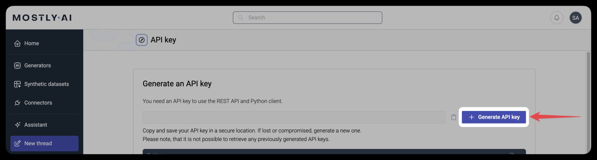 MOSTLY AI - Synthetic Data SDK - Click Generate API key