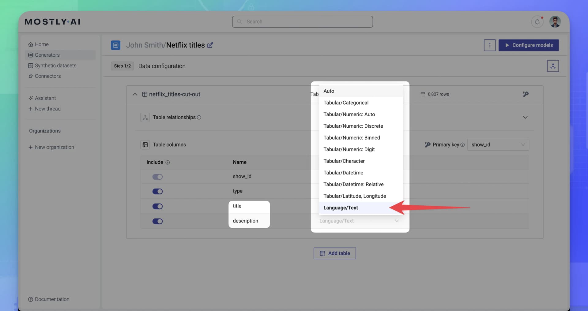 MOSTLY AI Unstructured text - Select Language/Text as Encoding type