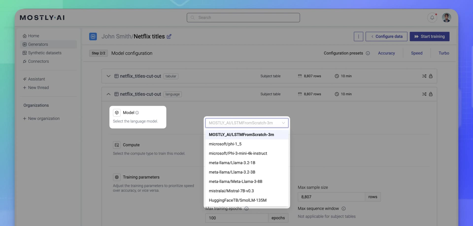 MOSTLY AI Unstructured text - Select language model to use