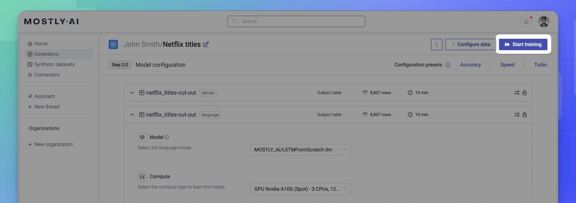 MOSTLY AI Unstructured text - Start training