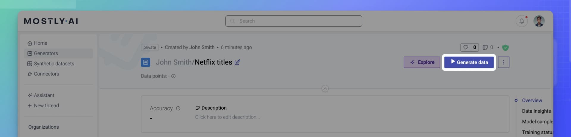 MOSTLY AI Unstructured text - Click Generate data