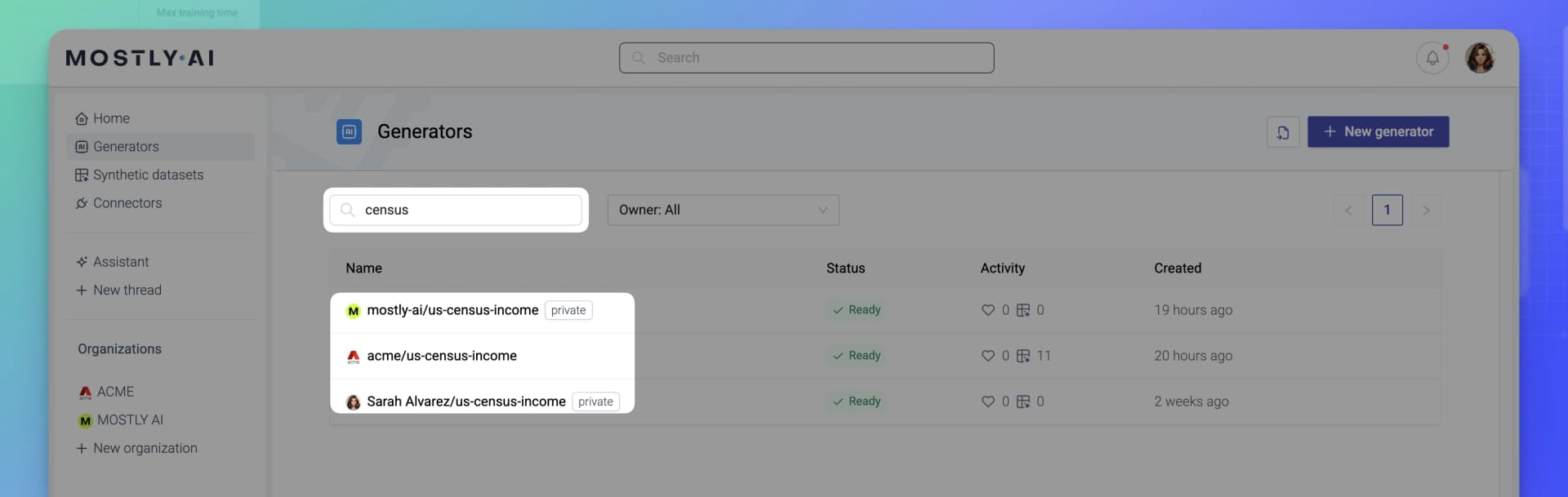 MOSTLY AI - Search generators